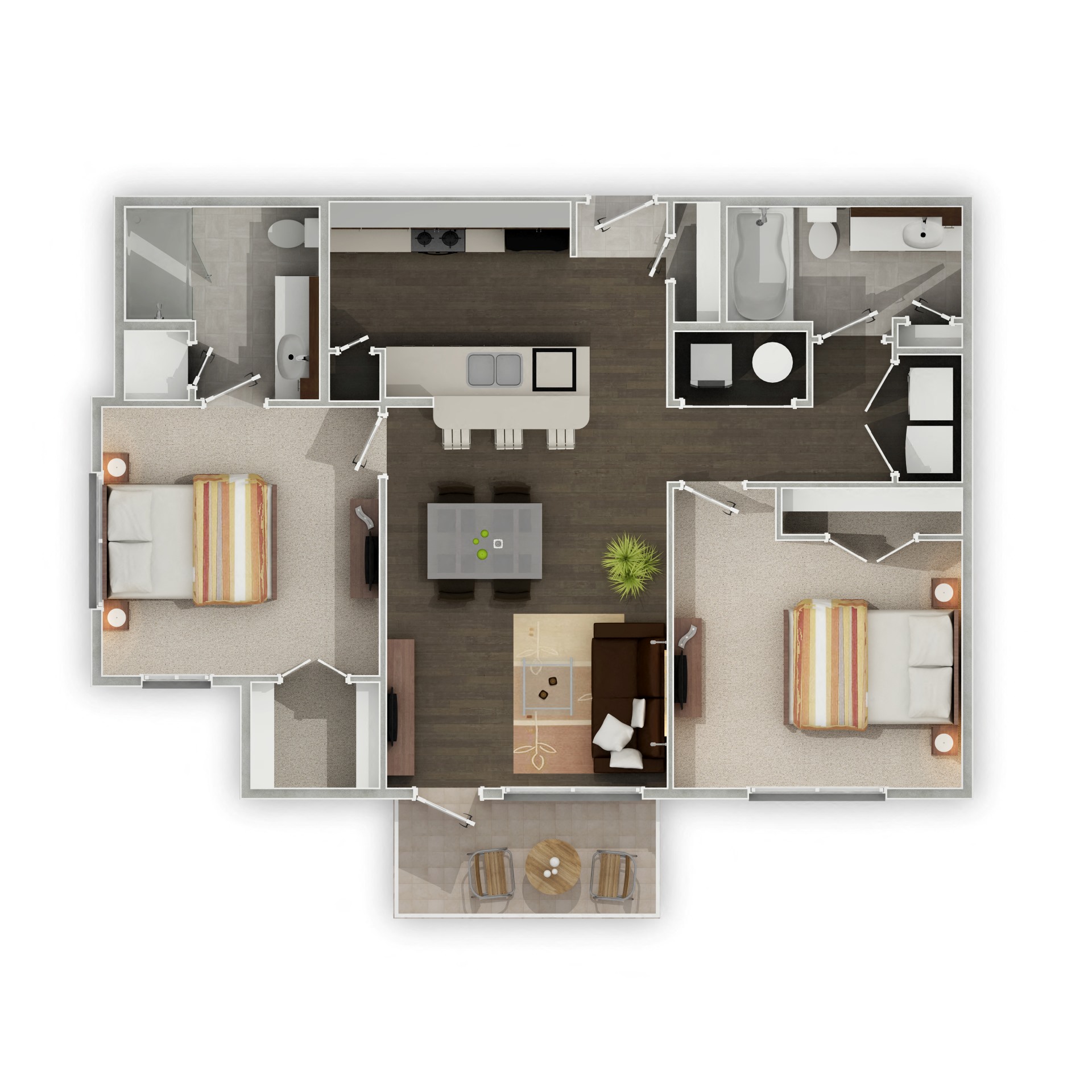 Floor plan for 2 beds, 2 baths, 1017 sqft